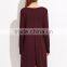 Burgundy Dip Hem Tee Dress With Long Sleeve Polyester Spandex Casual Plain Boat Neck High Low Hem Short Dress