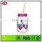 Kids Single wall plastic round shape mason jar with candy straw and solid lid