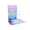 Custom printing food packaging plastic with zipper tear notch and window blue pink stand up bags