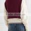 V-Neck Burgandy and Ivory Color Combination Women's Cashmere Sweater in Raglan Sleeves Design