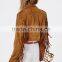 2015 Women Winter Brown Short Fringe Faux Suede Biker Jacket