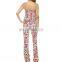 CHEFON Bold floral print long jumpsuit,skinny tie shoulder straps straight neckline detail romper