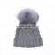 High quality wool knitted beanie hat with big raccoon fur ball pompoms on top for ladies grey color KZ160076
