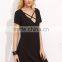 Black Deep V Neck Criss Cross Dress Polyester Spandex Summer Short Sleeve Casual Plain Short Dress