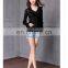 2017 women's latest sweater fashion hollow irregular design bell sleeve slim see through blouse with slim lace pleated collar