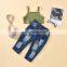 New children's clothing solid color sling striped top + European and American wind hole open bag jeans kids suit