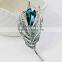 Fashion Women 18k White Gold Blue Crystal Feather Brooch