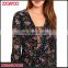 Wholesale Women Deep V Lace Neck Rompers Navy Blue Floral Print Sexy Girls Long Flutter Sleeve Rompers