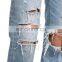 DiZNEW Femme Crystal Studded Straight Torn Jeans For Women