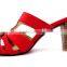 latest high heel PU leather wood heel office lady slipper with golden button