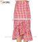 Vintage casual plus size elastic waist buttons up mid-calf plaid split ruffles asymmetric skirt for fashion women