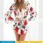 Summer beach party playsuit sexy deep v neck rose floral printed one piece chiffon boho shorts jumpsuits for adult women