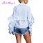 Drop Shipping Women Fancy Stitching Wood Ear Striped Long Sleeve T - Shirt