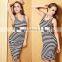 2015 women fashion black and white knee length striped sleeveless bodycon casual dresses