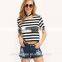2016 Women Summer White Black Striped Open Back Crop Tops Cotton Round t Shirt TS077
