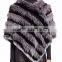 YR957 Latest 2017 Collarless Hand Knitted rabbit fur poncho with fox fur insets Asymmetrical hem Fox Fur Poncho