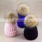 Women's Premium Knitted Slouchy Beanie Hat/Cap With Genuine Fox Fur Pompoms - Multi Color