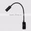 3W LED wall mount light, hotel bedside headboard reading light 12V with flexible gooseneck on/off switch