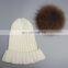 White unisex adults/kids size ribbed raccoon fur pom pom popular hats