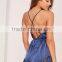 2017 Hot Sale Sexy V Neck Lace Trim Satin Pyjama Set Blue Lace Teddy Elasticated Waist Halter Back Strap Sleepwear