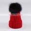 Winter Fashion Big Size Real Fox Fur Pompom Knitted Lady Wool Cap