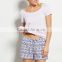 New Style OEM Summer Short Sexy 100% Cotton Adult Women Knitted Plain T-shirts and Printed Purple Boxer Shorts Pajama Set