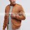 Mgoo Brown Suede Bomber Jacket Customize Embroidery Slim Fitness Zip Up Men's Leather Coats With Side Pocket