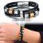 Double Braided Leather Bracelet for Men with Stainless Steel and Black Genuine Leather Straps 9.1 Inches