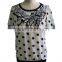 Polka dots Chiffon Round neck with Flower Lace Short Sleeve Ladies Blouse