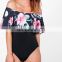 MiKa72155 2017 Women Summer Sexy Printed Rruffle Bardot Bodysuit