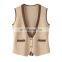 Custom Button Waistcoat Women Sleeveless Solid Pattern Cardigan Vest Woolen Fabric Single Breasted Closure Front Back Pocket