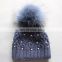 Navy raccoon fur pearls knit hat women fashion pom pom hat
