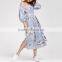 Wholesale Apparel Off The Shoulder 3/4 Length Lantern Sleeve Tie Waist Ladies Vertical Striped Floral Dress