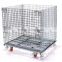 Galvanized folding metal wire mesh turnover box with wheels