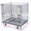 Galvanized folding metal wire mesh turnover box with wheels