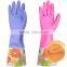 Red Wide Mouth Plus Velvet Long Flower Rubber Gloves Antiskid Household Dishwashing Cleaning Warm Gloves