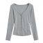 Button pleated lace-up long-sleeved T-shirt women's 2025 autumn new slim design sense undershirt top trend