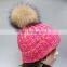 Wholesale women mens knitted plain beanie hat with raccoon fur pom pom