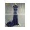 Navy Blue Sequin Fabric Mermaid Cap Sleeve Evening Dresses Long