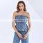 TWOTWINSTYLE Vest For Women Strapless Sleeveless Off Shoulder Patchwork Backless Sexy Denim