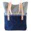 Custom large denim tote bag with leather trim