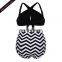 Black Cross Front Hollow Out High Waist Striped Zigzag Bikini Swimsuits