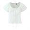 Korean Style Small Fresh Sweet White Puff Sleeve Design Top bm Beautiful Puff Sleeve Short-sleeved V-neck T-shirt for Women