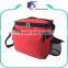 Red insulated shoulder lunch bag with side bottle pocket