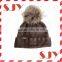 Fold up blank wholesale custom winter cashmere hat with fur pom