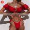 Solid Red Ruffle Swimsuit Female Bandeau Bikinis 2020 Short Sleeve Swimwear Women Tie Side Bathing Suit High Cut Biquini Bikini