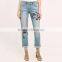 Apparel Woman Casual Mid Rise Light Blue Washed Embroidered Girls Jeans