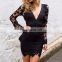 2017 newly black elegant lace long sleeve dew chest bandage dress sexy deep V neck mini evening dresses for women party wear