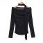 Design sense pure desire hot girl style pleated off-the-shoulder long-sleeved top women's spring and autumn streamer slim mesh stitching T-shirt