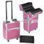 Pink 3 in 1 Pro Aluminum Rolling Makeup Case Salon Cosmetic Organizer Trolley
